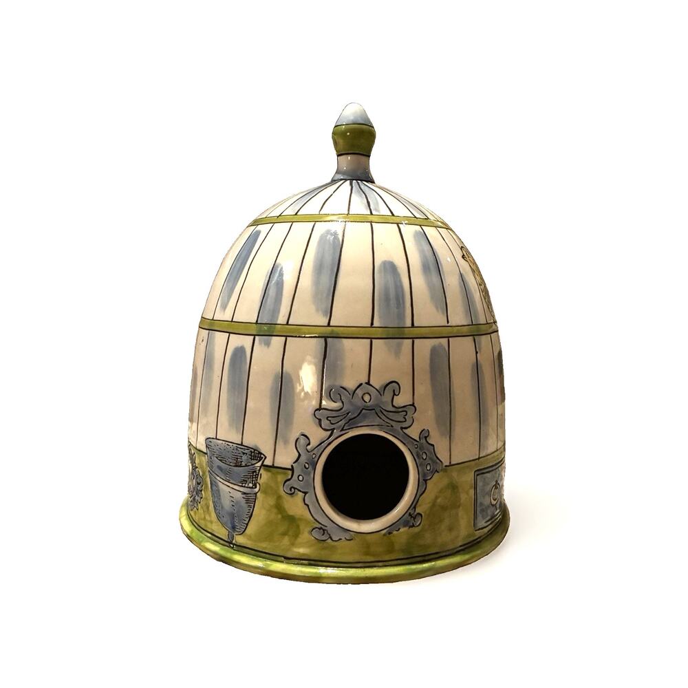 Molly Hatch Anthropologie Decorative Ceramic Birdhouse Bird Cage Blue Green RARE